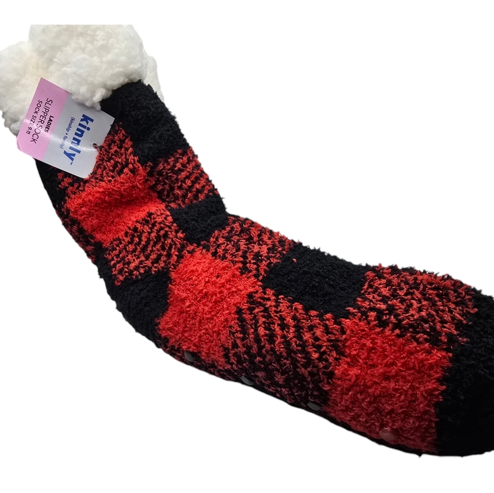 New With Tags Women's Size 9-11 Grippy Slipper Sock Black & Red Checked Pattern
